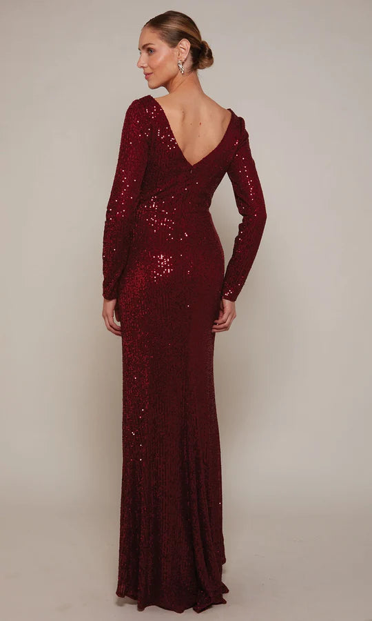 Glamorous Sheath V-Neck Long-Sleeve-Zip-Back Burgundy Sequin Floor-Length Mother of the Bride Dresses