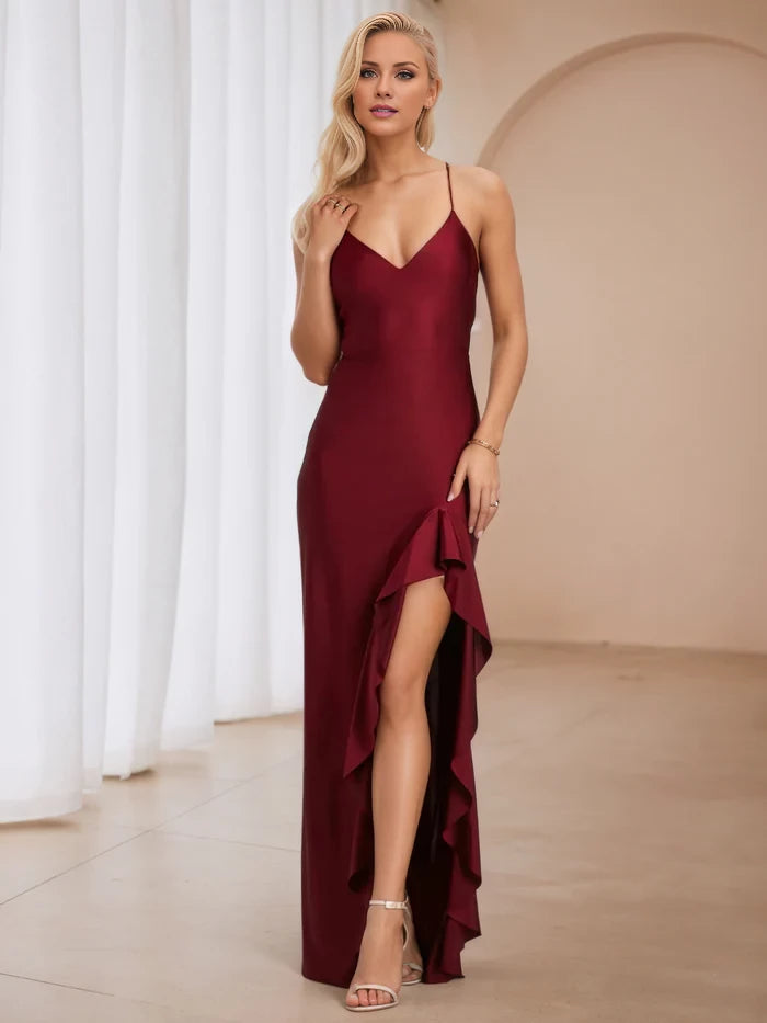 Glamorous Sheath V - Neck Sleeveless Criss - Cross Back Long Length Prom Dresses