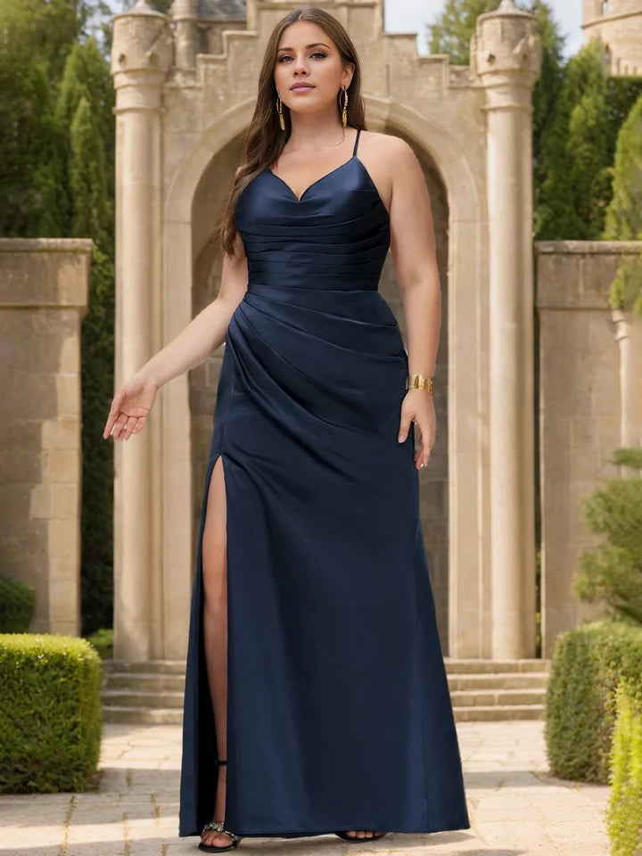 Plus Size Glamorous Sheath V - Neck Sleeveless Criss - Cross Back Long Length Prom Dresses
