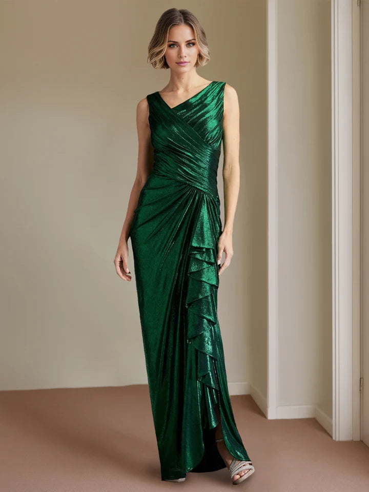 Glamorous Sheath V - Neck Sleeveless Ruched Back Long Length Prom Dresses