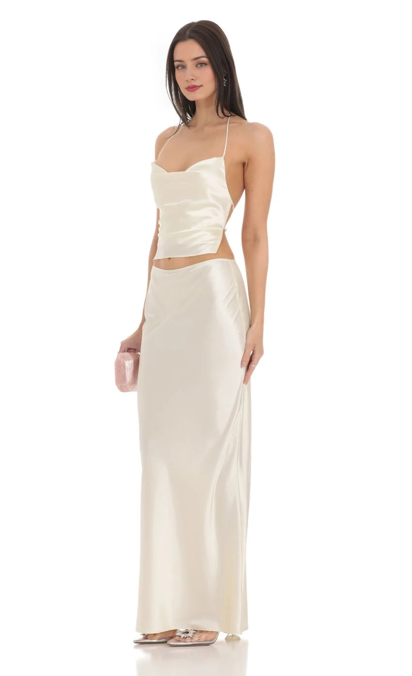 Glamorous Two - Piece Halter Neck Sleeveless Open Back Floor Length Prom Dresses