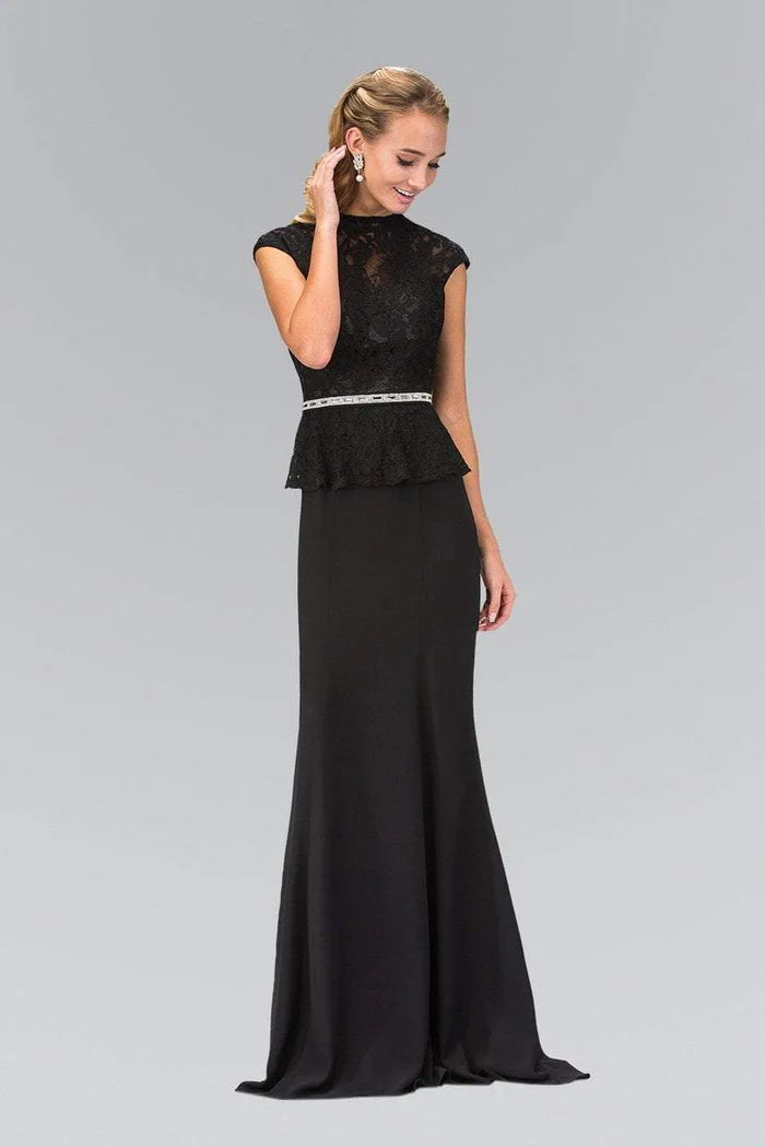 Glamorous Two-Piece Mermaid Crew-Neck Cap-Sleeve Cut-Out-Back Black Lace-Chiffon Floor-Length Mother of the Bride Dresses