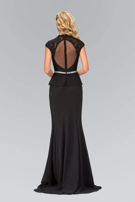 Glamorous Two-Piece Mermaid Crew-Neck Cap-Sleeve Cut-Out-Back Black Lace-Chiffon Floor-Length Mother of the Bride Dresses