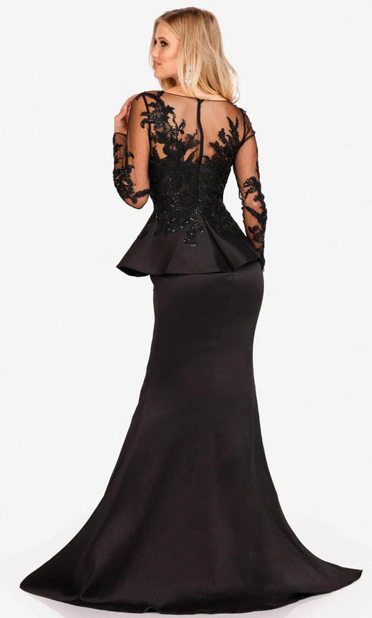 Glamorous Two-Piece Mermaid Illusion-Neck Long-Sleeve Sheer-Back Black Lace-Satin Floor-Length Mother of the Bride Dresses