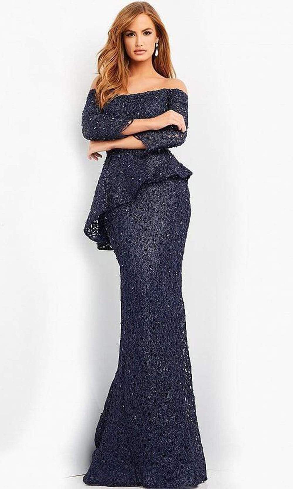 Glamorous Two-Piece Mermaid Off-Shoulder Three-Quarter-Sleeve Open-Back Navy Glitter-Lace Floor-Length Mother of the Bride Dresses