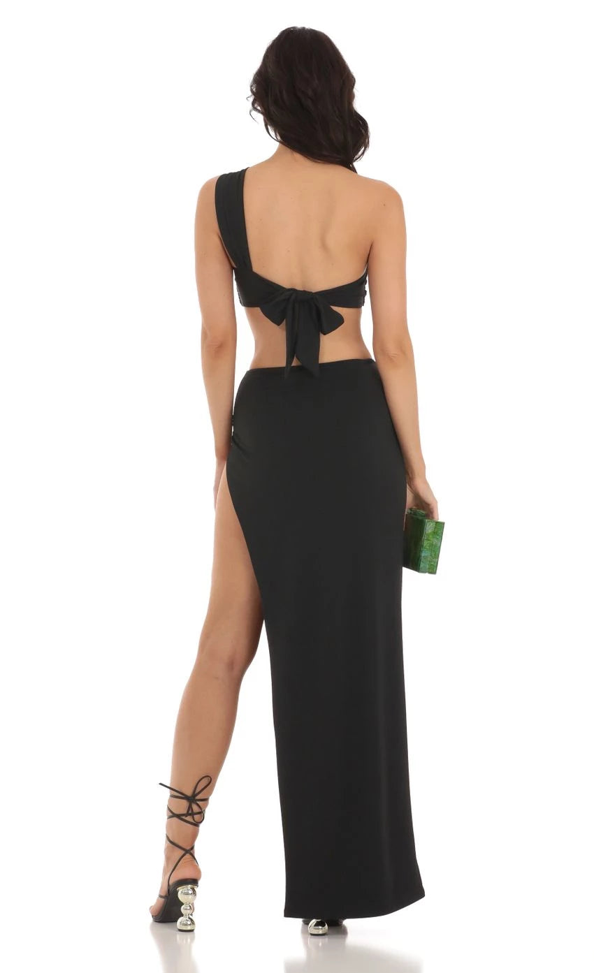 Glamorous Two-Piece One-Shoulder Bow-Back High-Slit Floor Length Prom Dresses
