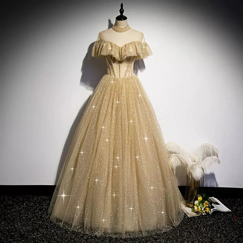 Glamorous A-Line Off-the-Shoulder Sequin Champagne Tulle Prom Dresses