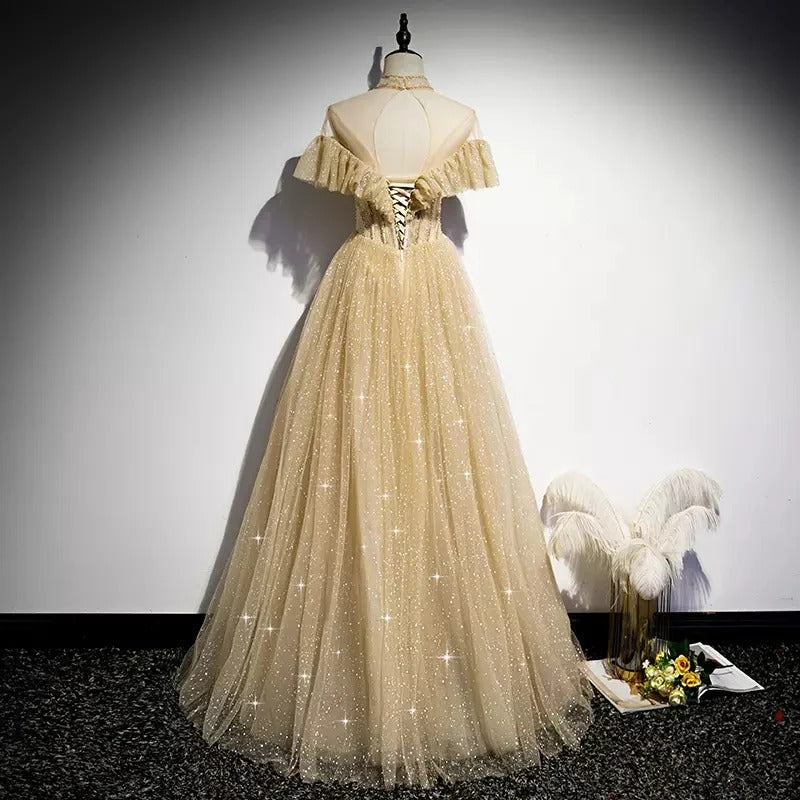Glamorous A-Line Off-the-Shoulder Sequin Champagne Tulle Prom Dresses
