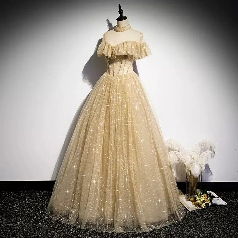 Glamorous A-Line Off-the-Shoulder Sequin Champagne Tulle Prom Dresses