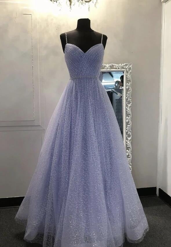 Glamorous A-Line Sweetheart Beaded-Waist Lavender Sequin Tulle Prom Dresses
