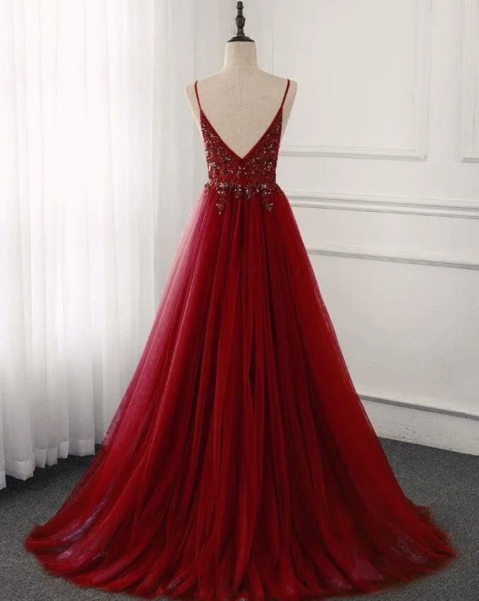 Glamorous A-Line V-Neck Beaded-Bodice Burgundy Tulle Prom Dresses