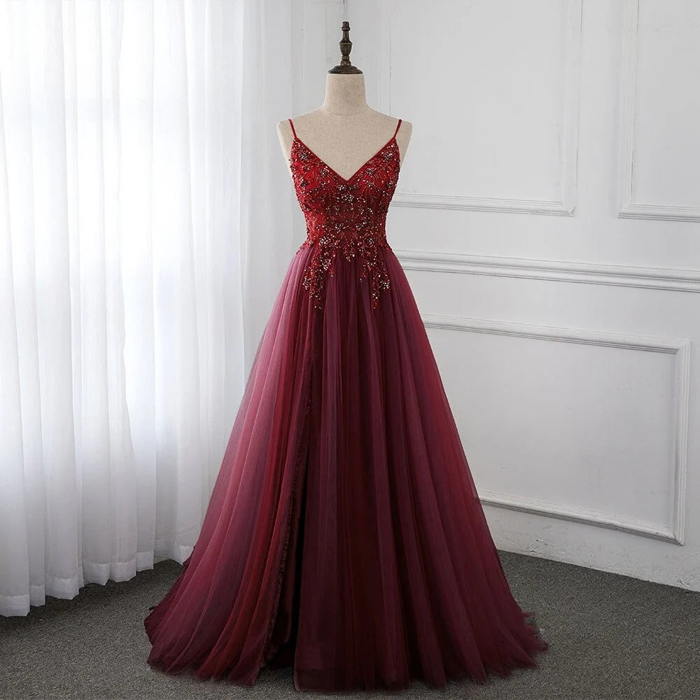 Glamorous A-Line V-Neck Beaded-Bodice Burgundy Tulle Prom Dresses