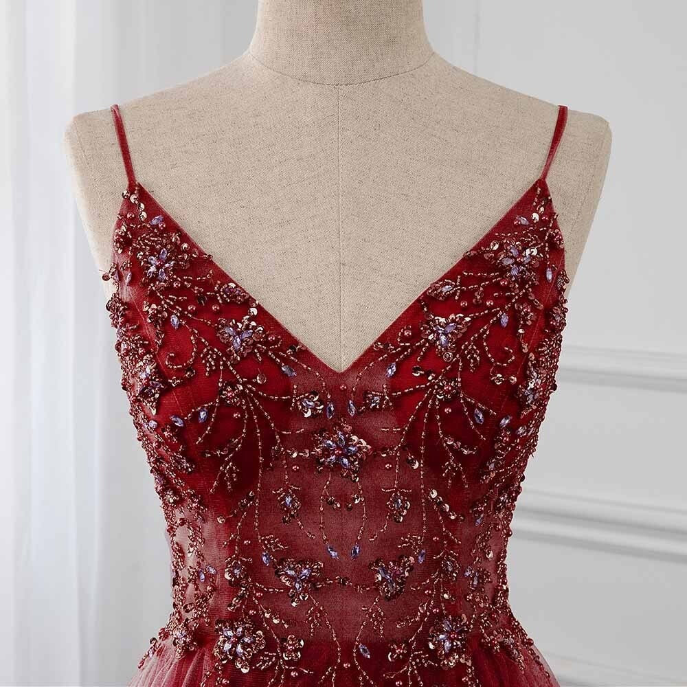 Glamorous A-Line V-Neck Beaded-Bodice Burgundy Tulle Prom Dresses