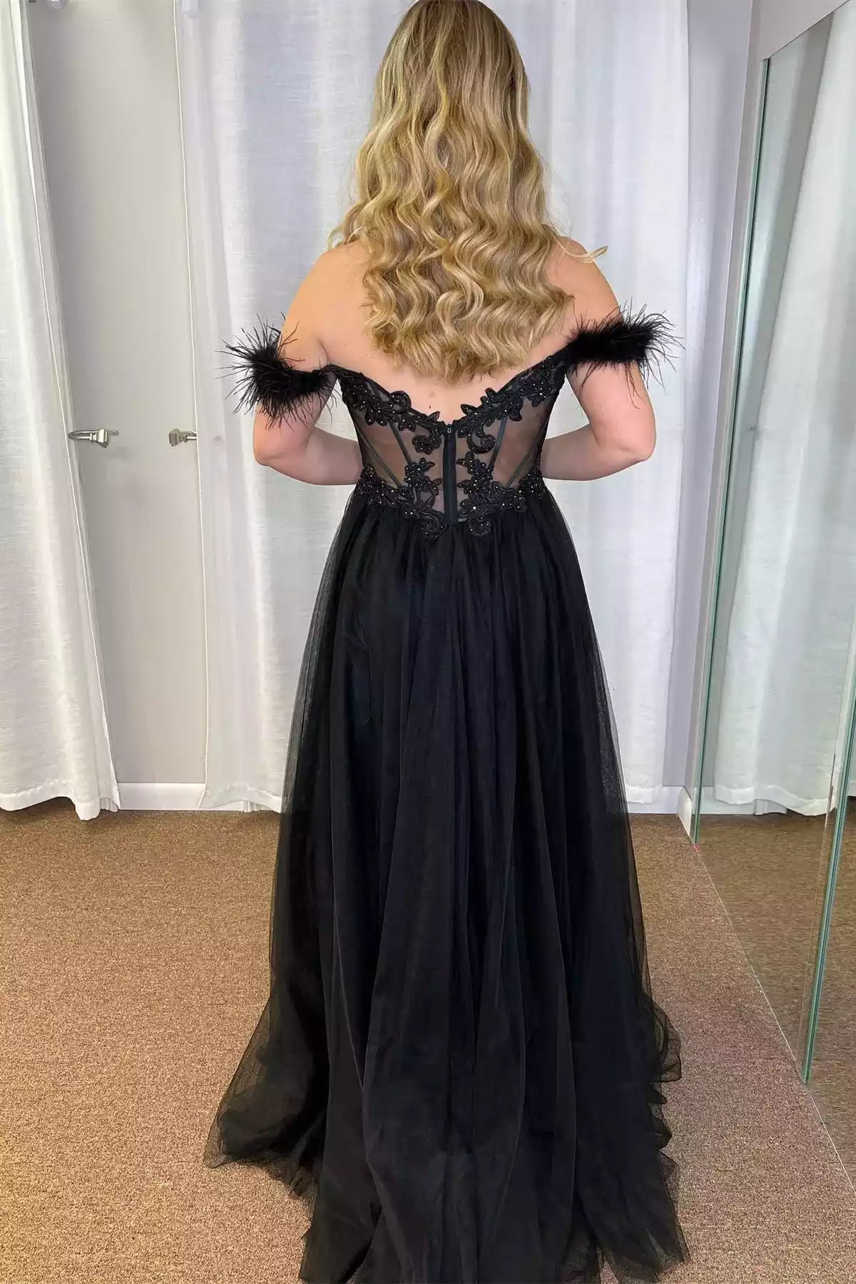 Glamorous A-line Off-the-Shoulder Feather-Trim Lace-Bodice Floor-Length Formal Gown