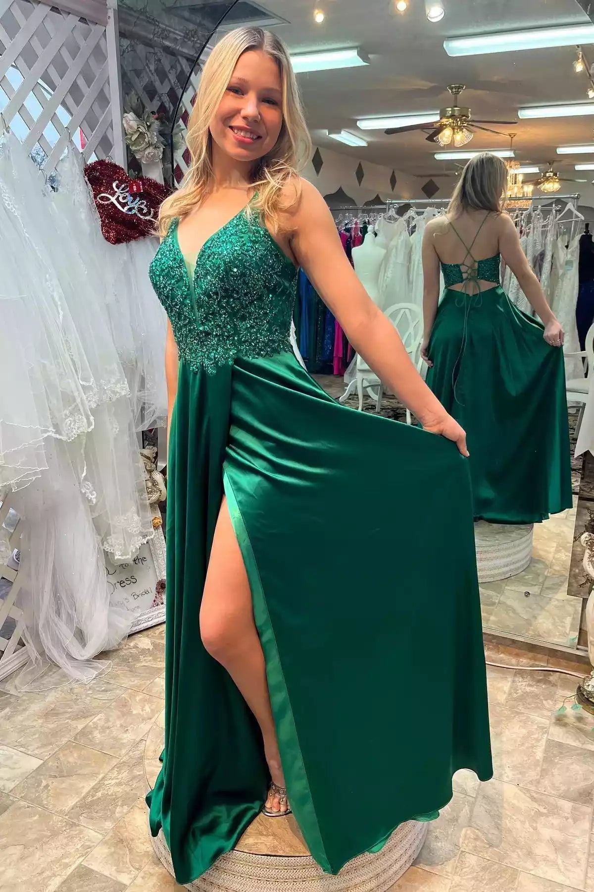 Glamorous A-line Spaghetti-Strap Beaded-Bodice Slit Floor-Length Prom Gown