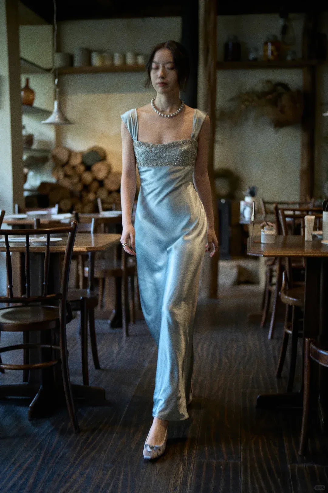 Glamorous Beaded Square Neck Satin Cap Sleeve Gown