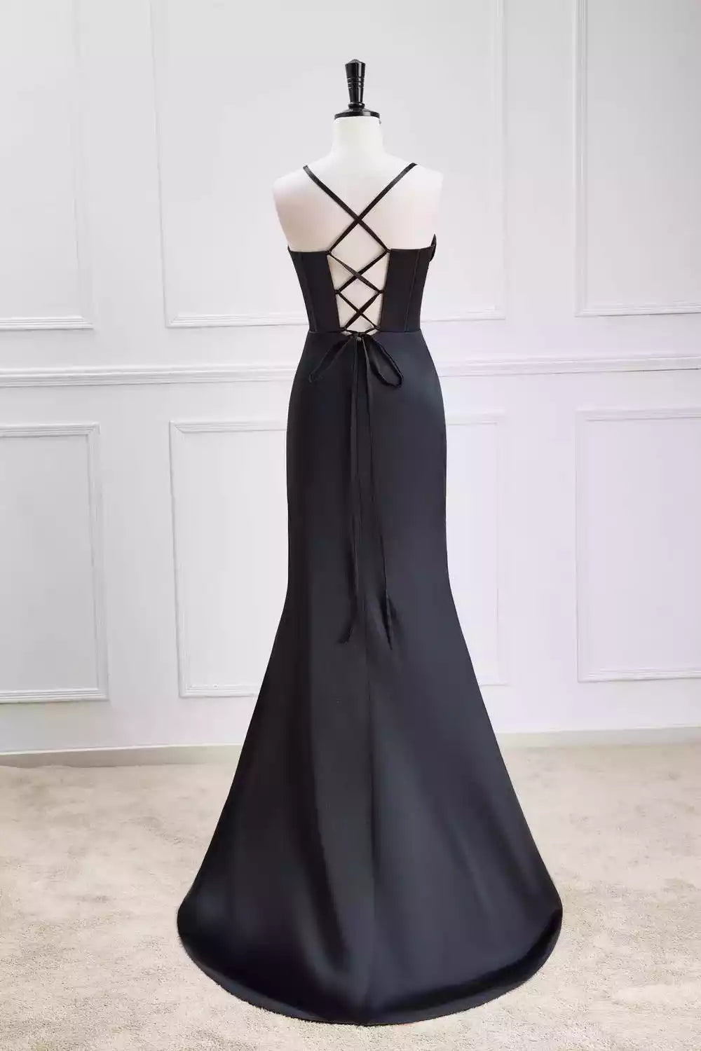 Glamorous Black Satin Gown with Crisscross Open Back & Mermaid Train