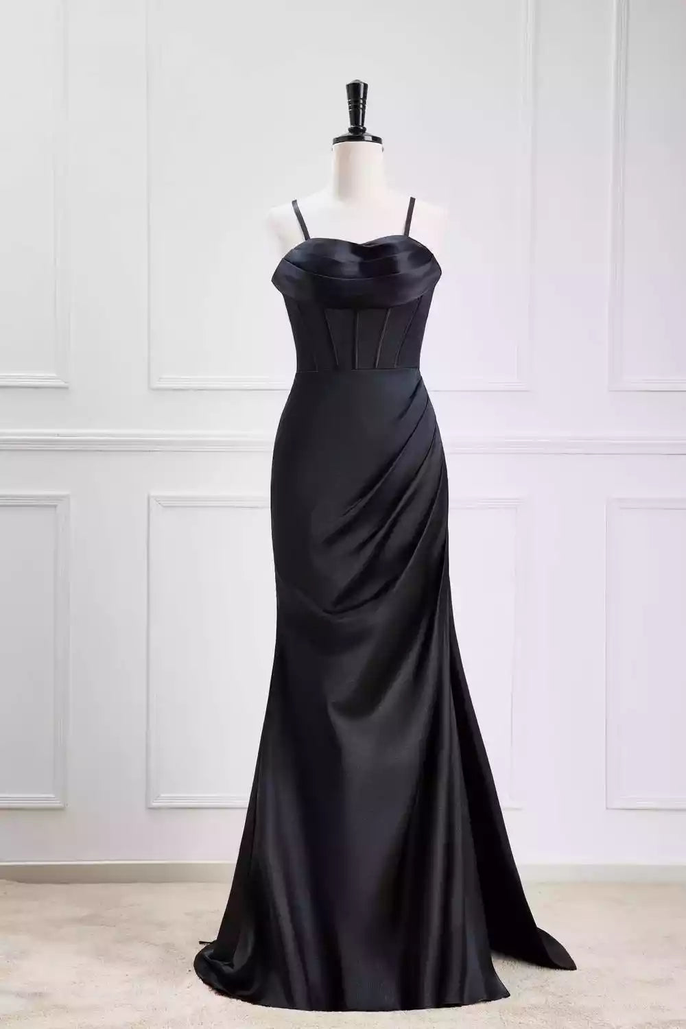 Glamorous Black Satin Gown with Crisscross Open Back & Mermaid Train