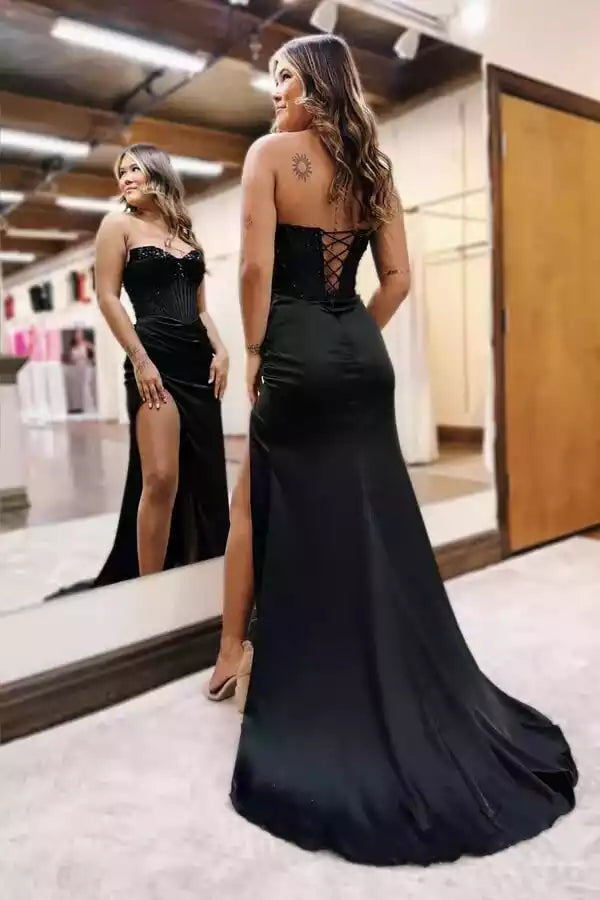 Glamorous Black Satin Mermaid Gown with Beaded Bodice & Crisscross Back