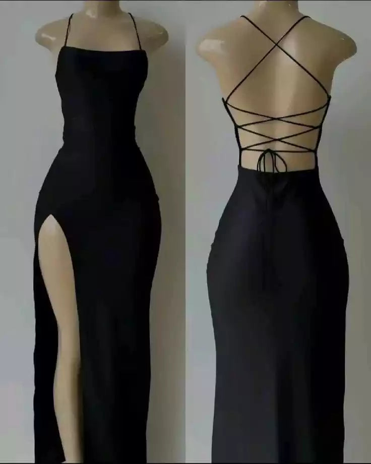 Glamorous Black Satin Mermaid Gown with Crisscross Lace-Up Back & High Slit