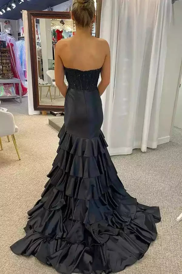 Glamorous Black Satin Mermaid Gown with Strapless Beaded Bodice & Ruffled Skirt