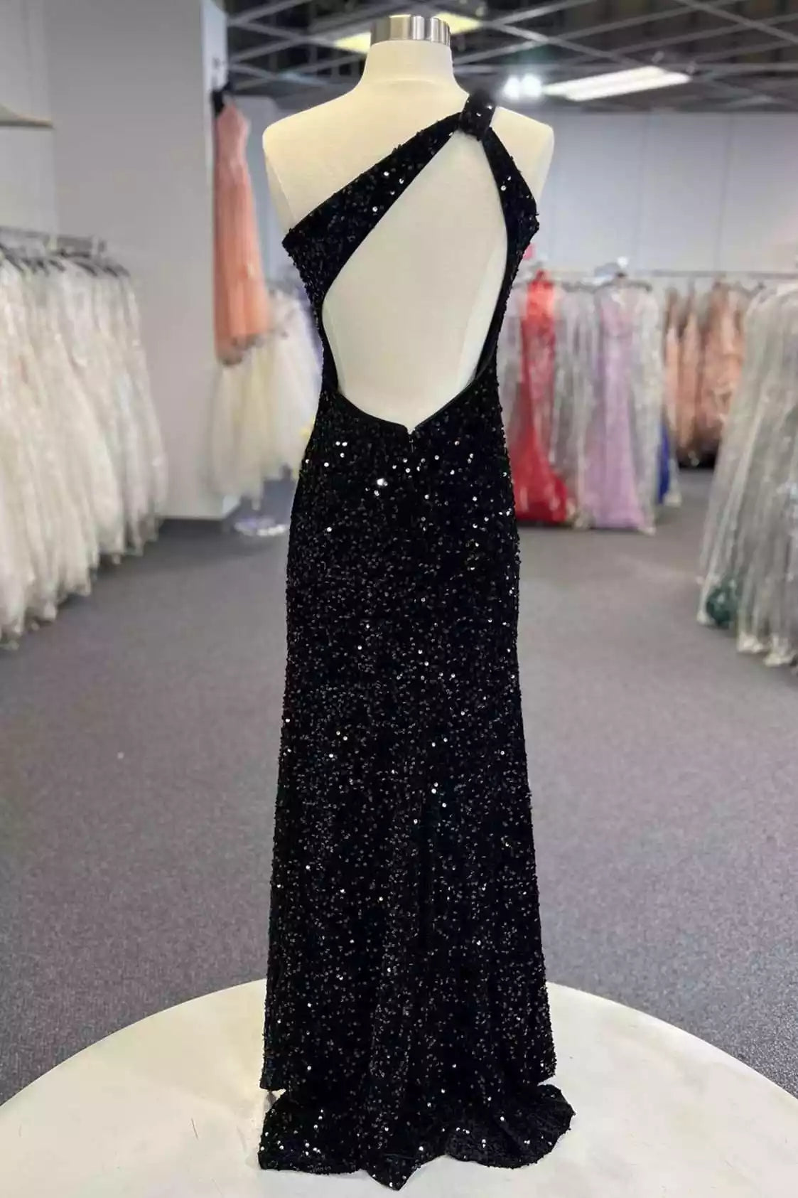 Glamorous Black Sequin One-Shoulder Gown with Open Back