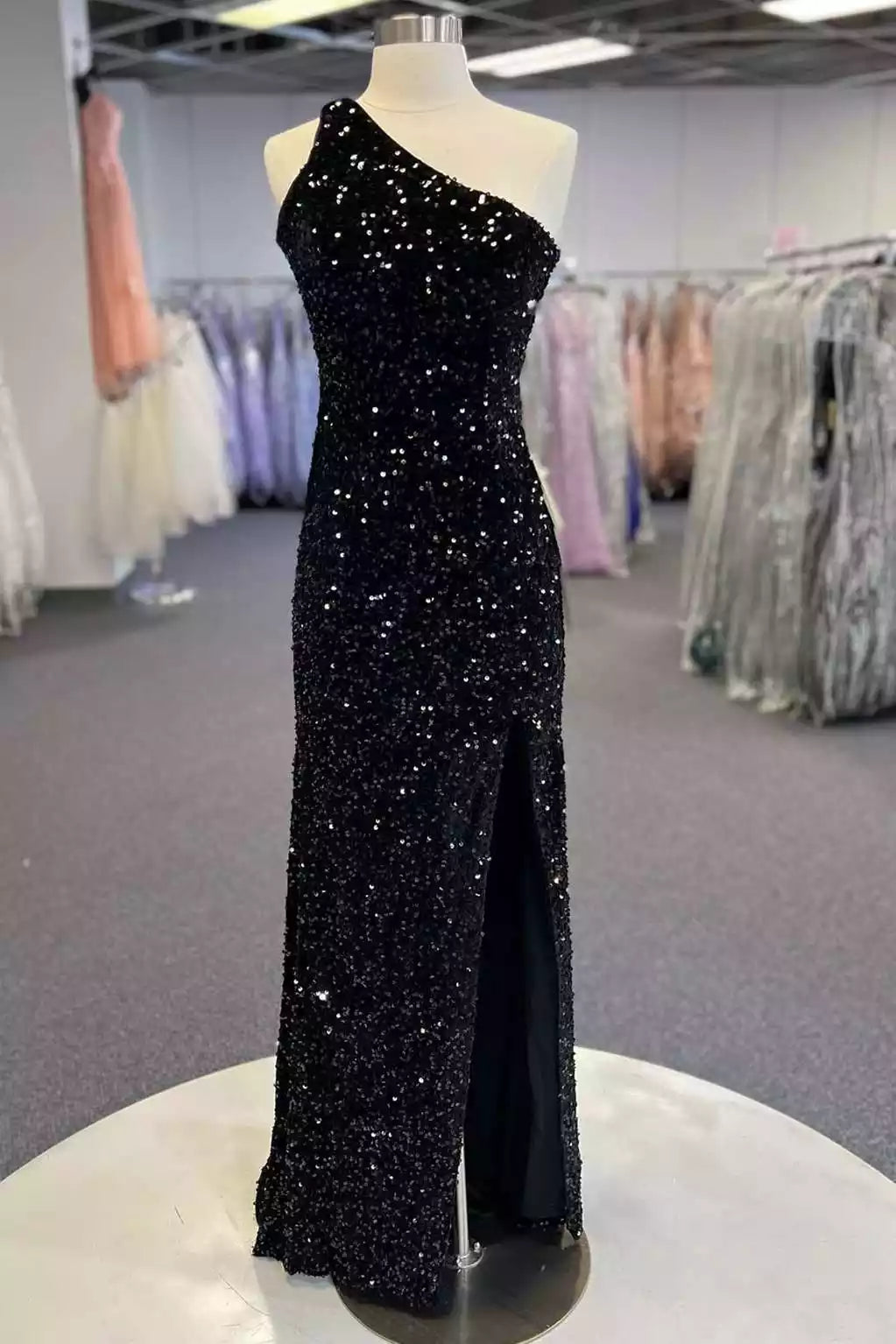 Glamorous Black Sequin One-Shoulder Gown with Open Back