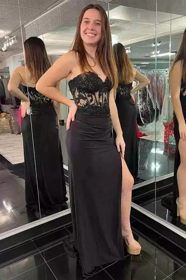 Glamorous Black Strapless Gown with Lace Bodice & High Slit