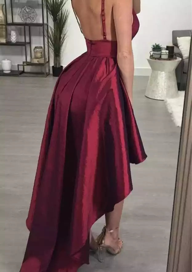 Glamorous Burgundy High-Low Satin Gown with Plunging V-Neck & Open Back