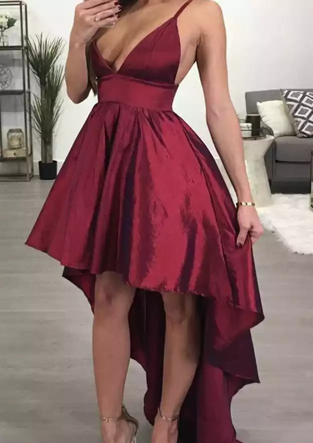 Glamorous Burgundy High-Low Satin Gown with Plunging V-Neck & Open Back