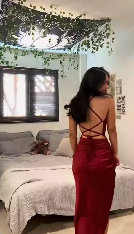 Glamorous Burgundy Satin Gown with Cross-Back Straps & High Slit