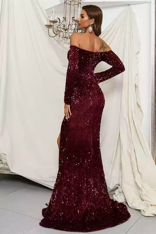 Glamorous Burgundy Sequin Gown with Off-the-Shoulder Long Sleeves & High Slit