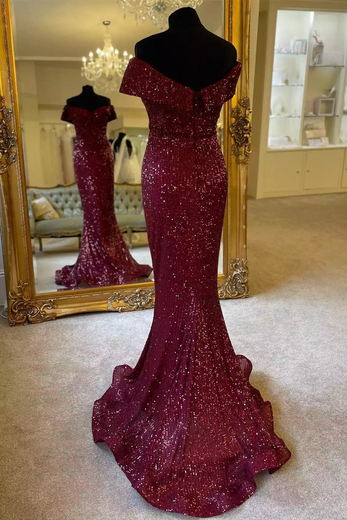 Glamorous Burgundy Sequin Mermaid Gown with Off-the-Shoulder Neckline & Train