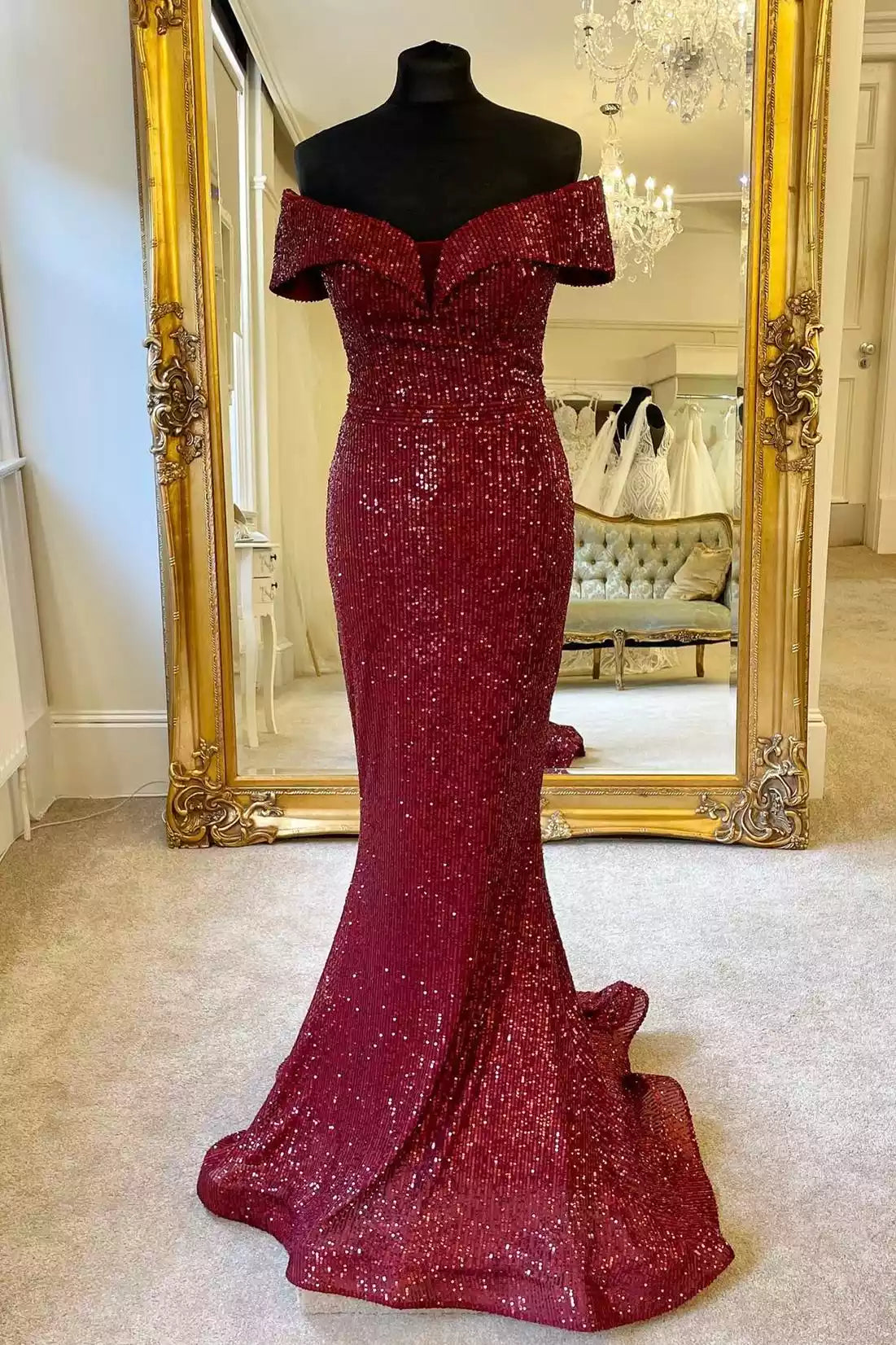Glamorous Burgundy Sequin Mermaid Gown with Off-the-Shoulder Neckline & Train
