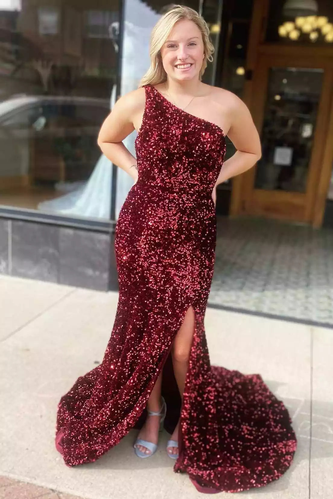 Glamorous Burgundy Sequin Mermaid Gown with One-Shoulder Neckline & Open Back