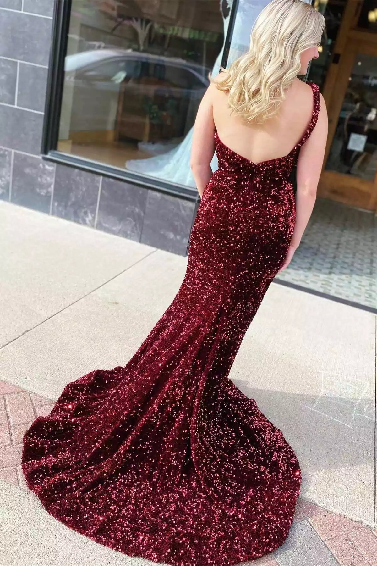 Glamorous Burgundy Sequin Mermaid Gown with One-Shoulder Neckline & Open Back
