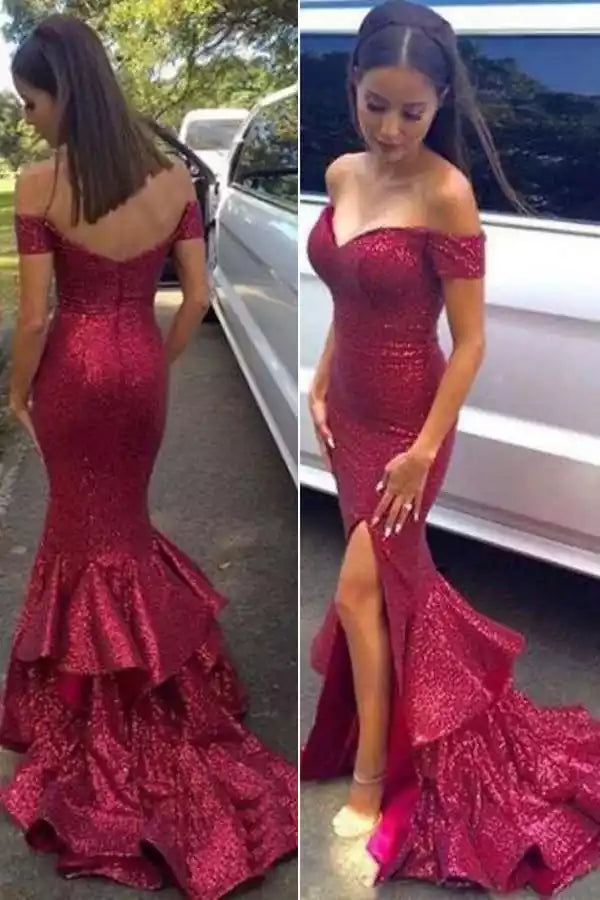 Glamorous Burgundy Sequin Off-the-Shoulder Gown with Ruffled Mermaid Silhouette