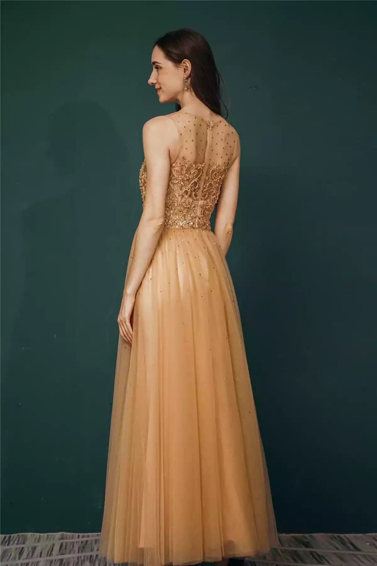 Glamorous Champagne Tulle Ballgown with Beaded Lace Bodice & Illusion Back