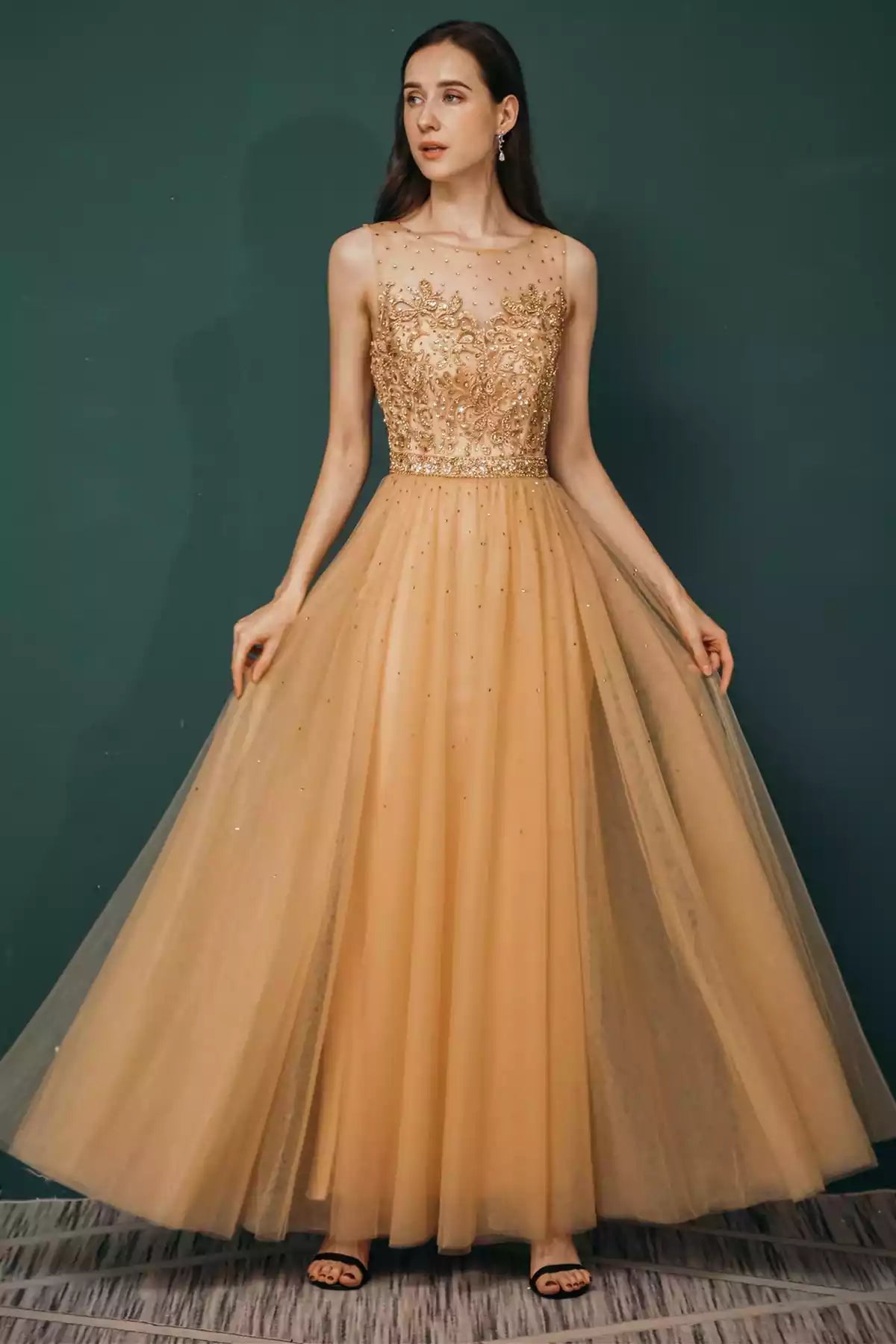 Glamorous Champagne Tulle Ballgown with Beaded Lace Bodice & Illusion Back