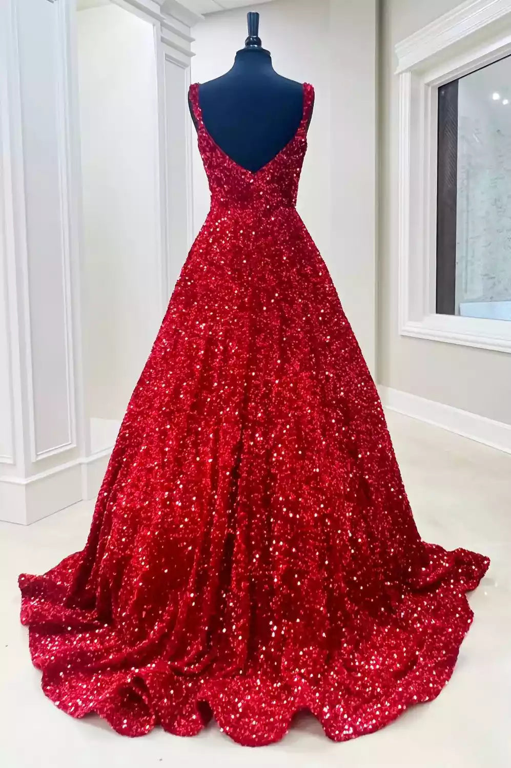 Glamorous Crimson Sequin Ballgown with Square Neckline & Deep V-Back