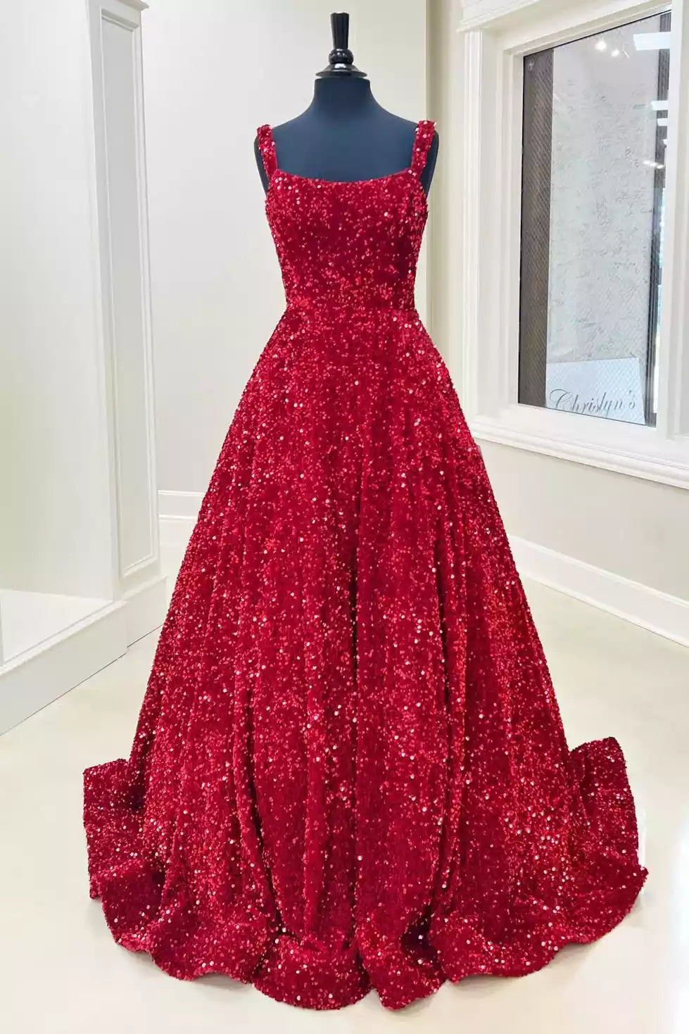 Glamorous Crimson Sequin Ballgown with Square Neckline & Deep V-Back
