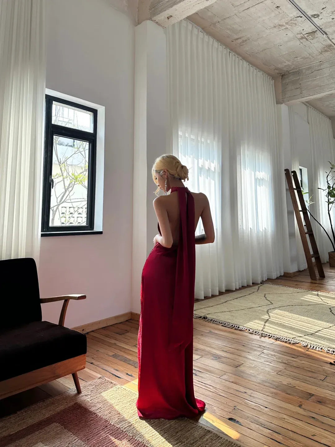 Glamorous Deep Red Satin Halter Neck Open Back Maxi Gown