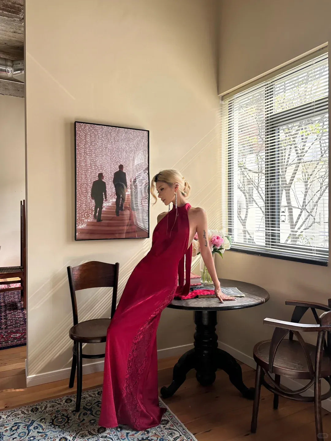 Glamorous Deep Red Satin Halter Neck Open Back Maxi Gown