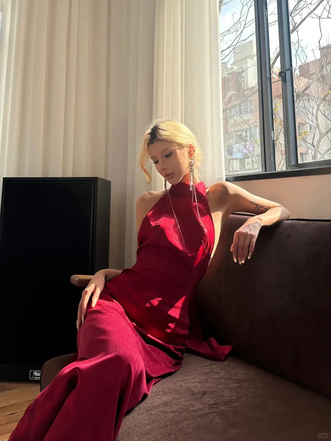 Glamorous Deep Red Satin Halter Neck Open Back Maxi Gown