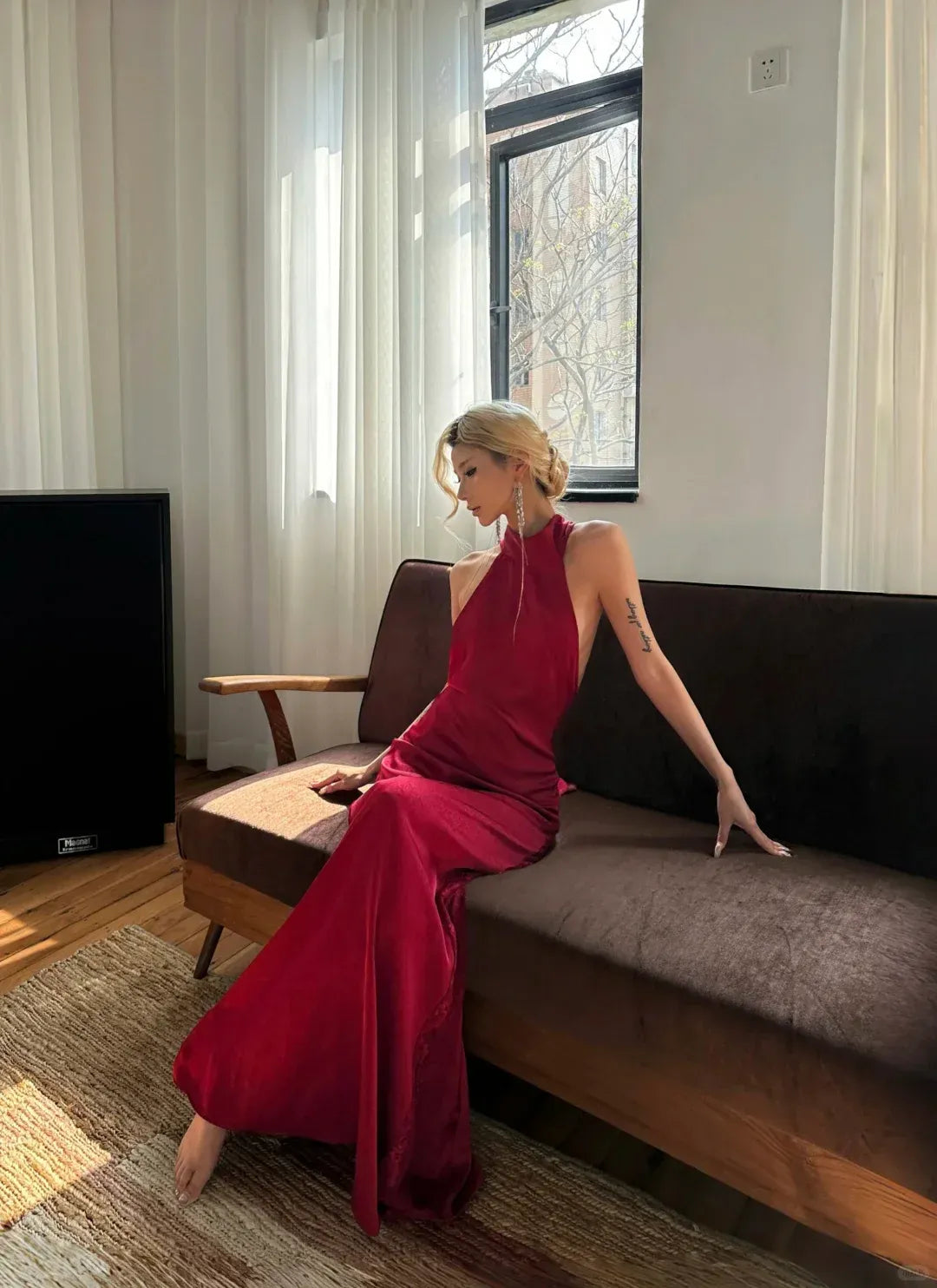 Glamorous Deep Red Satin Halter Neck Open Back Maxi Gown