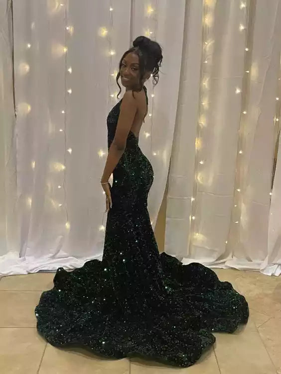 Glamorous Emerald Green Sequin Mermaid Gown with Halter Neck & Trailing Train