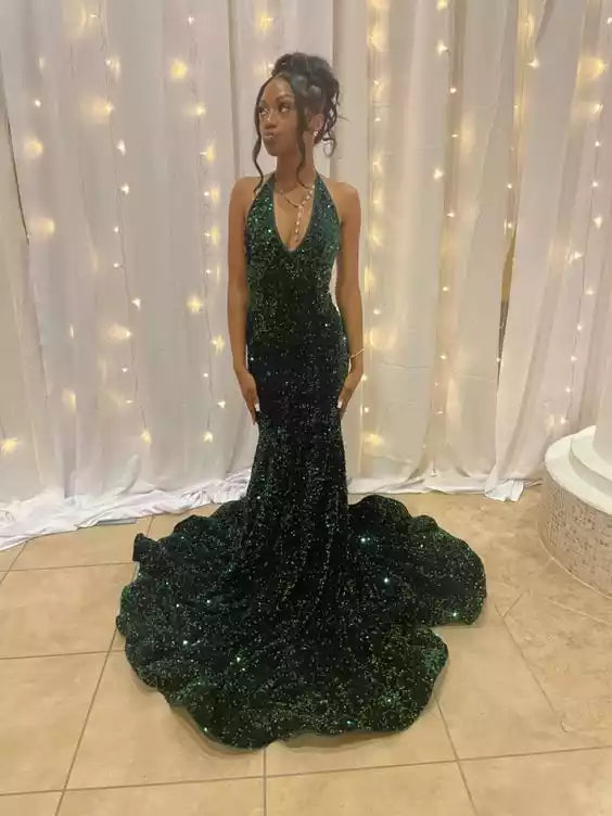 Glamorous Emerald Green Sequin Mermaid Gown with Halter Neck & Trailing Train