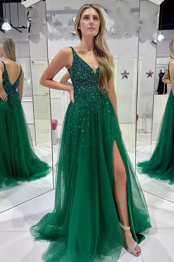 Glamorous Emerald Green Tulle Gown with Beaded Bodice & High Slit