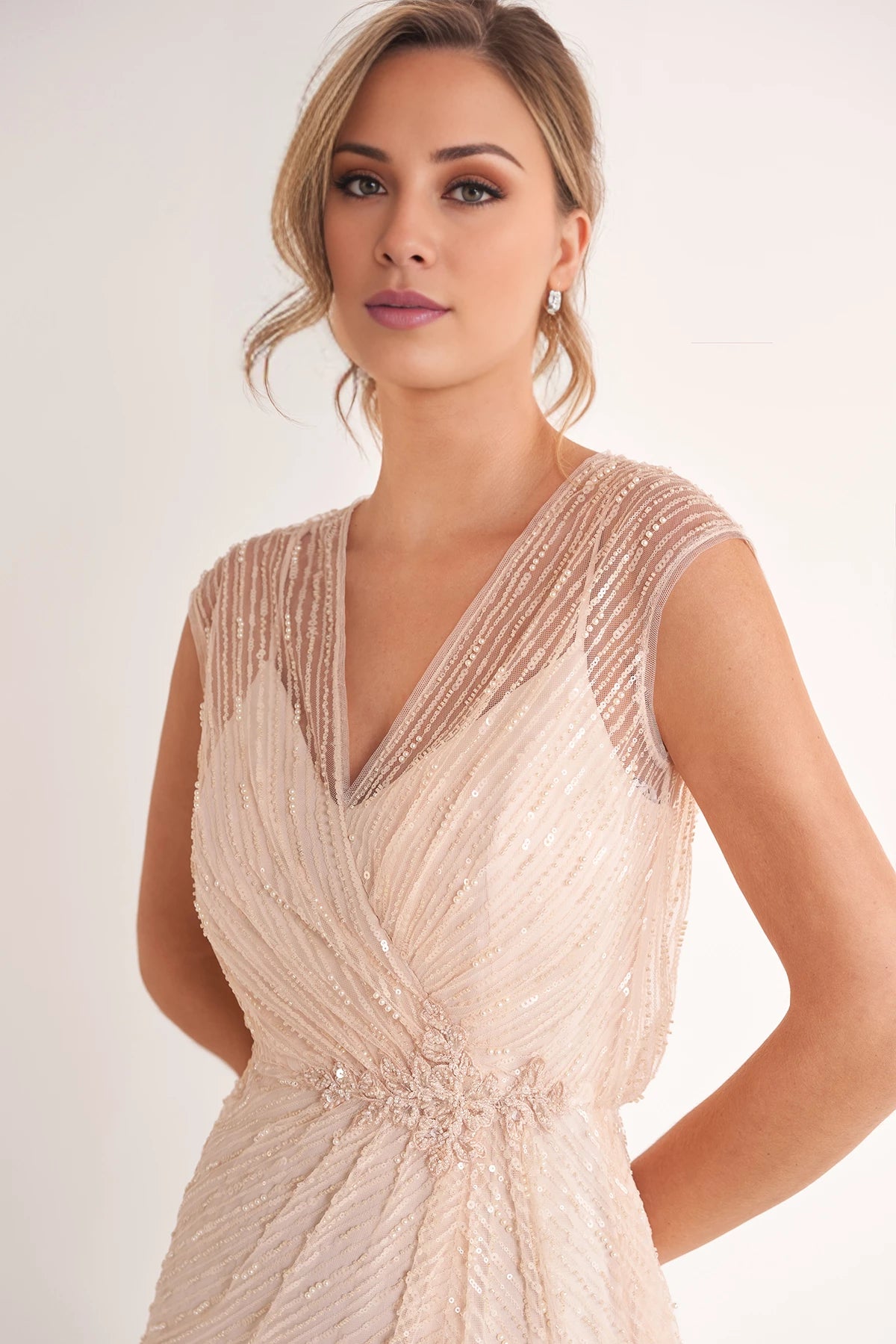 Glamorous Fit and Flare Adele Sequin Lace Gown with Illusion V-Neckline and Cap Sleeves Mother of the Bride Dresses