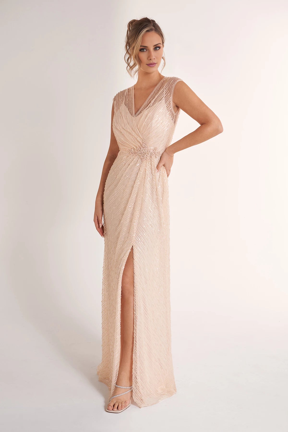 Glamorous Fit and Flare Adele Sequin Lace Gown with Illusion V-Neckline and Cap Sleeves Mother of the Bride Dresses